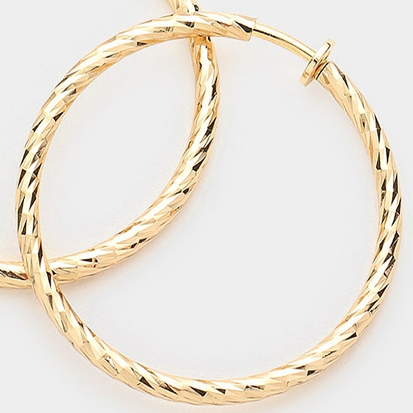 Textured Gold Clip On Hoop Earrings 1.75 Inches Twirl ClipOns ClipOn Jewelry - Picture 3 of 3